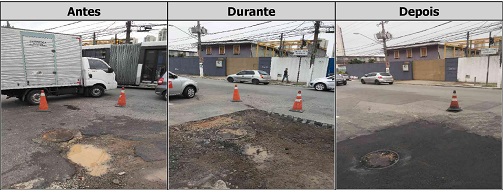 Antes, durante e depois do serviço de Tapa-Buraco na rua Nelson Ferreira